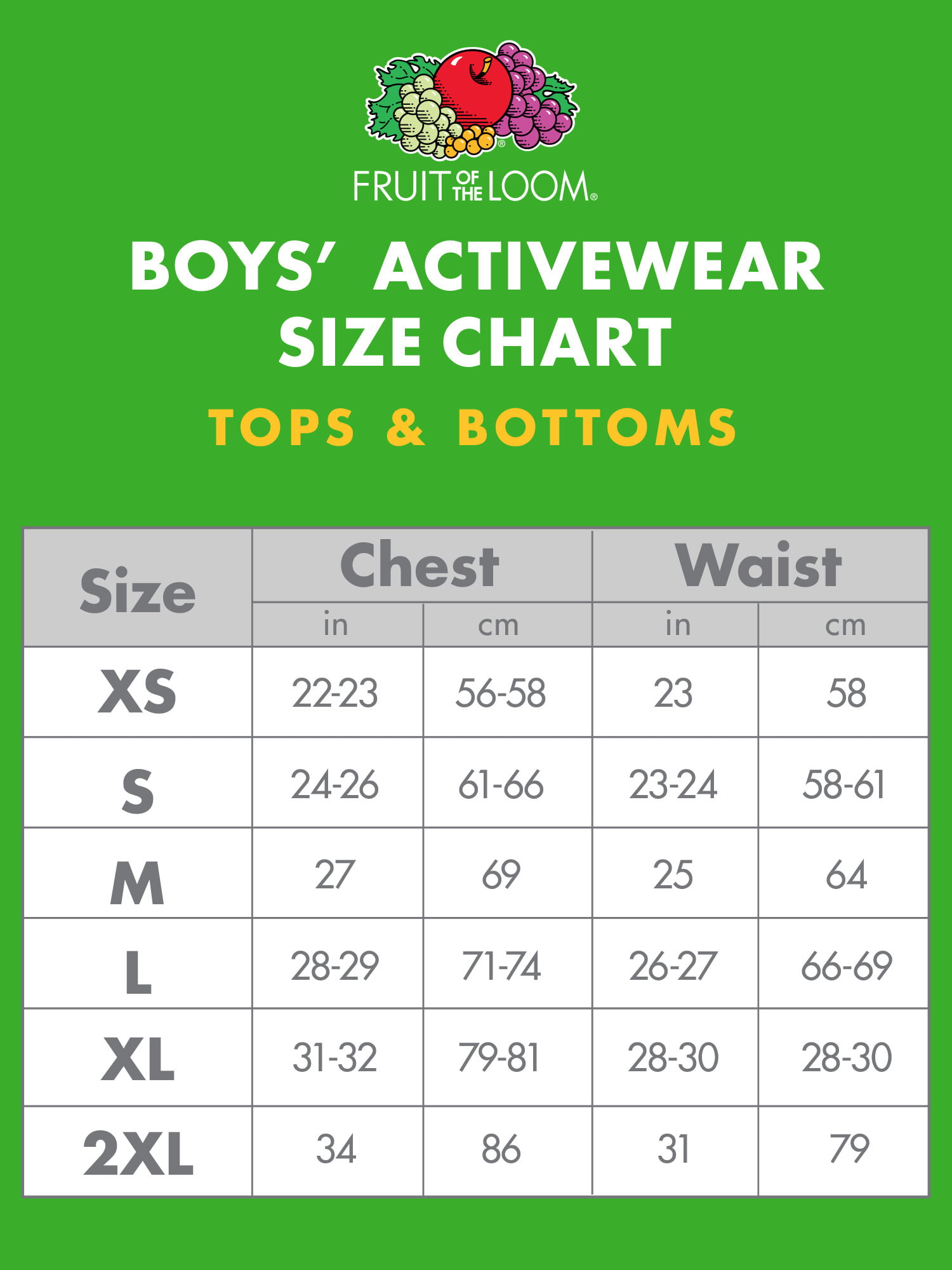 Fruit Of The Loom Tee Size Chart