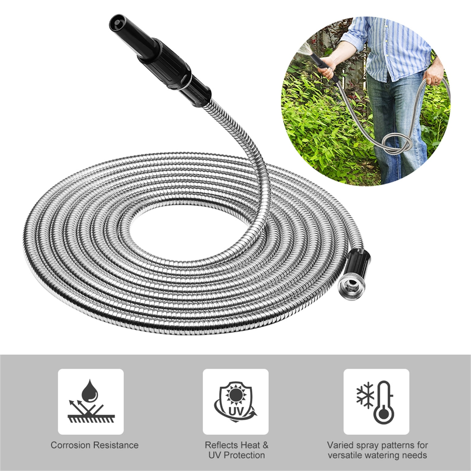 hostic 75ft 304 Stainless Steel Garden Hose Flexible Lightweight Out-layer Over Metal Water Hoses with Nozzle for Watering Garden Patio