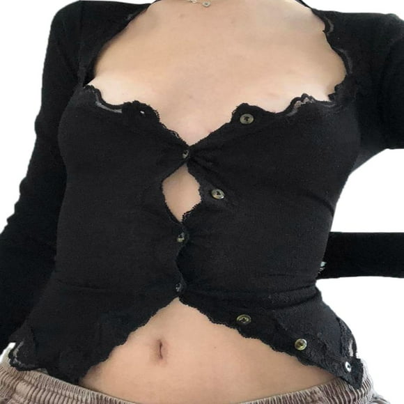 Women Vintage Lace Trim T-shirt Low Cut Long Sleeve Slim Fit Crop Top Lady Fairycore Grunge Retro Tees