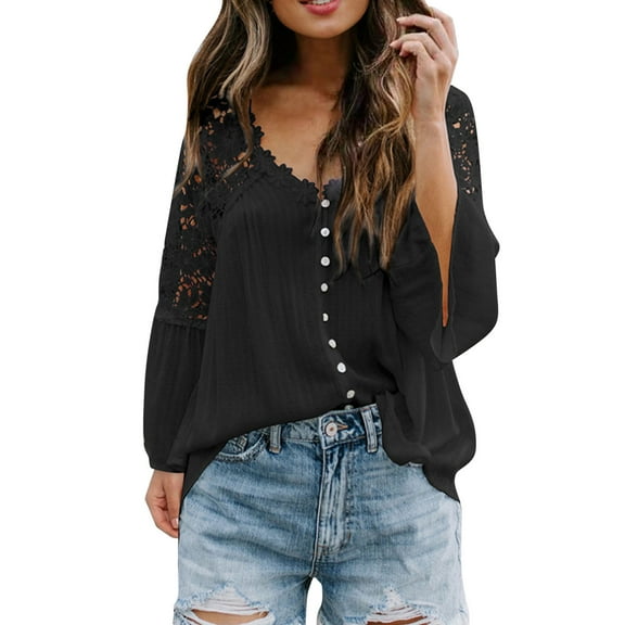 DuoJiaJ Womens Long Sleeve Lace Trim Tunic Tops Button Down Casual Blouse Cute V Neck Shirt Women’s Summer Tops Black