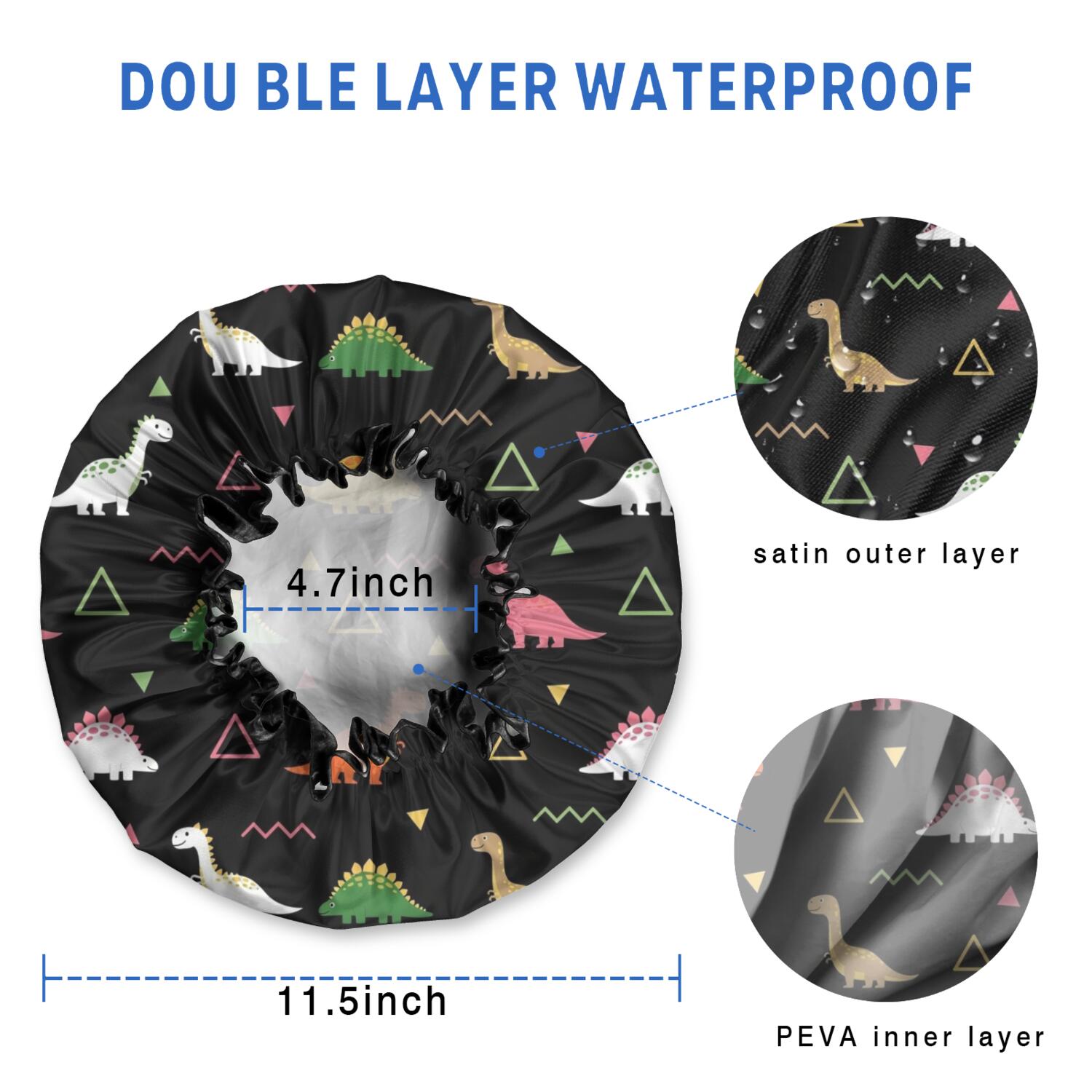Shower Caps,Black Dinosaurs Geometric Pattern Waterproof Shower Cap for Women 4 Pieces,Double Reusable Hair Cover for Shower PEVA Elastic Stretch Hem