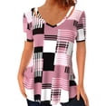 thumbnail image 1 of Camiseta de manga corta con estilo y transpirable con estampado de cuadros de poliéster con cuello en V ahuecado para mujer, 1 of 5