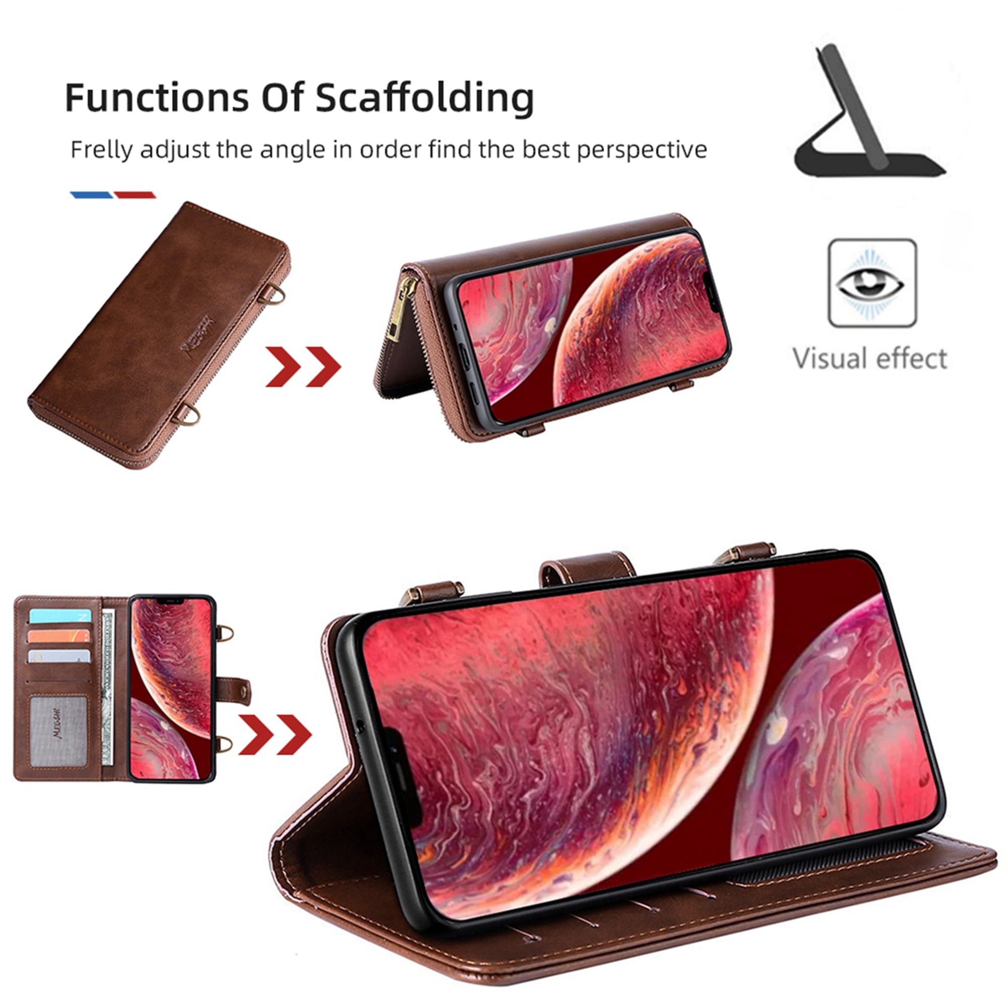 Dteck Wallet Case for iPhone 12 Pro / iPhone 12 6.1-inch, 2 in 1 Magnetic Detachable Wallet Purse [Crossbody Chain] Durable PU Leather Zipper Handbag Folio Flip Card Slot Protection Back Cover, Brown