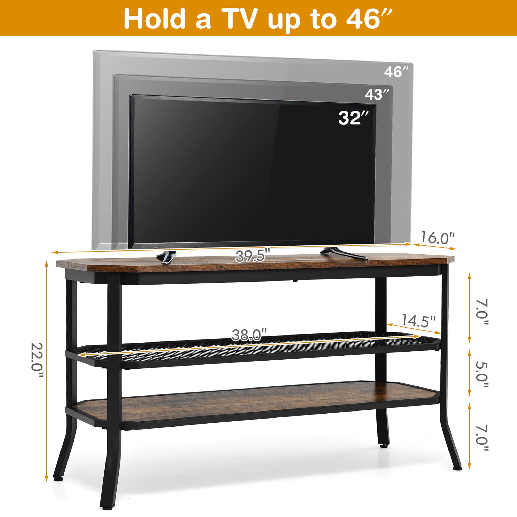 Costway 3-tier TV Stand Console Table Media Entertainment Center w/Mesh Storage Shelf