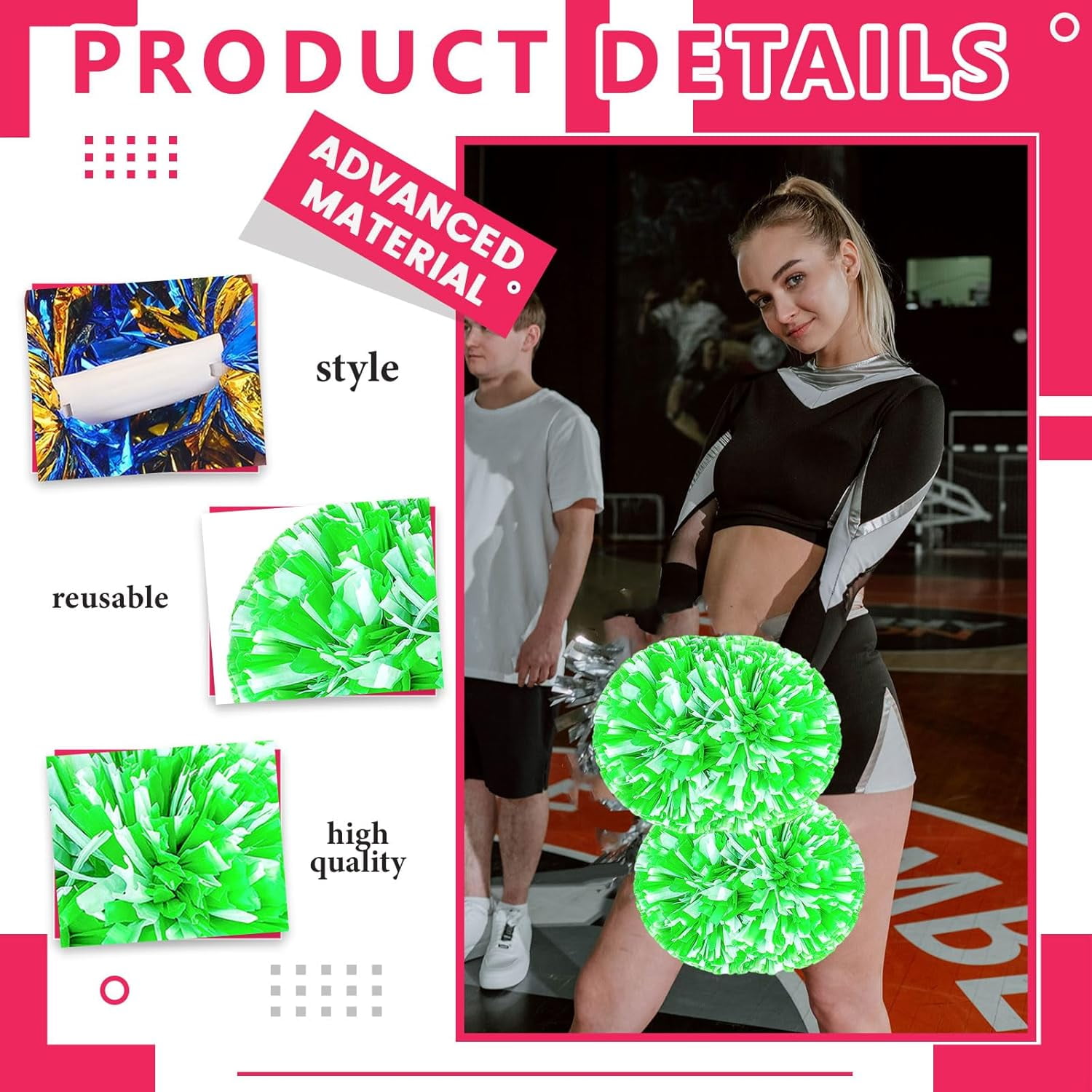 12 PCS pom poms Cheerleading,13.8inch Sports Team Spirits Cheering Squad Dance Training with Handle