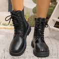 thumbnail image 2 of hopeusnice Round Toe Lace Up Elastic Panel Ankle Boots Women Leather Boots for Club Black 35, 2 of 7