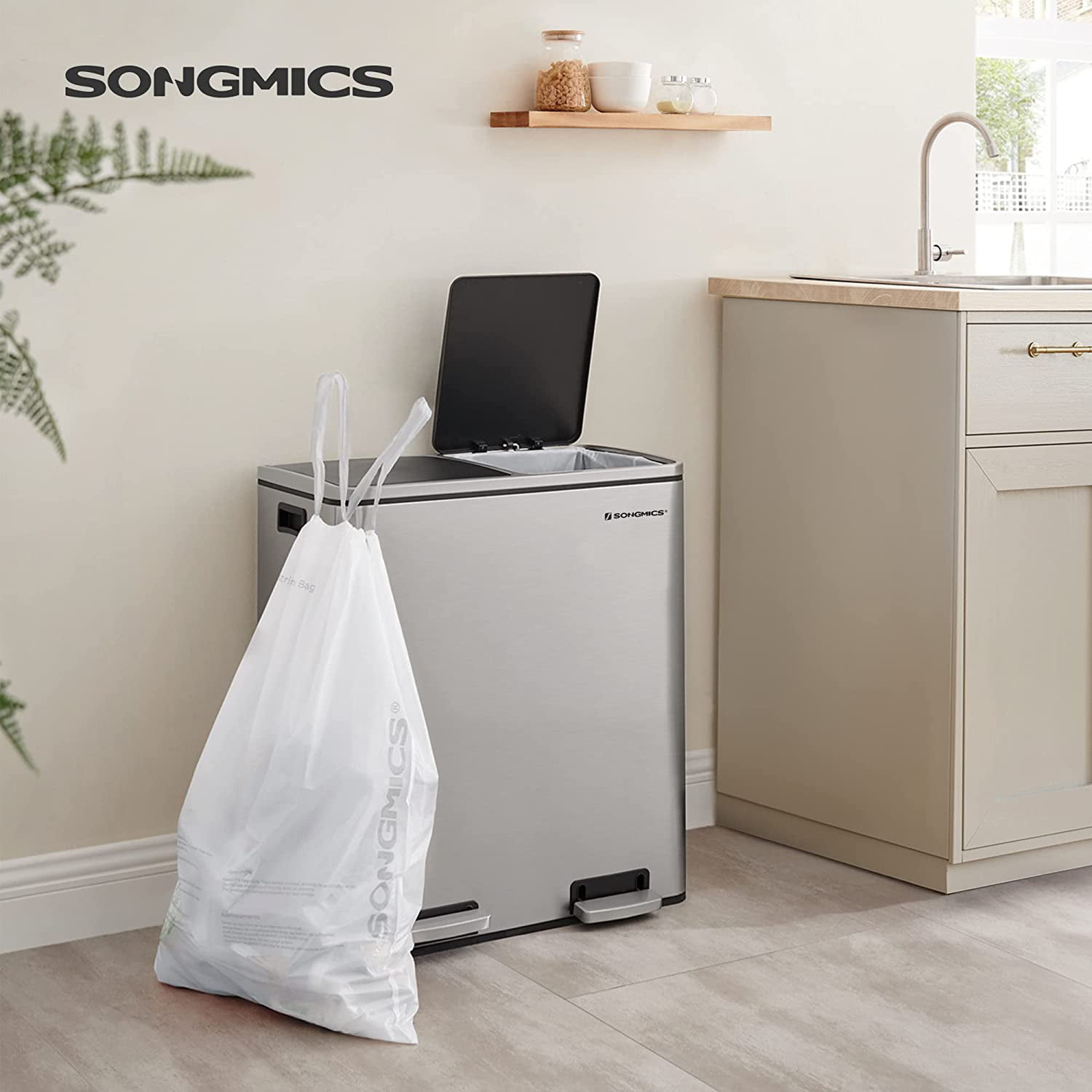 SONGMICS Drawstring Trash Bags, 8 Gallon Garbage Bags for 8-Gallon or 16- Gallon Dual Trash Cans, Trash Liners, Custom-Fit, Liner Code 30A, 2 Rolls,  90 Count, Watertight, Kitchen, White UKRB30A02