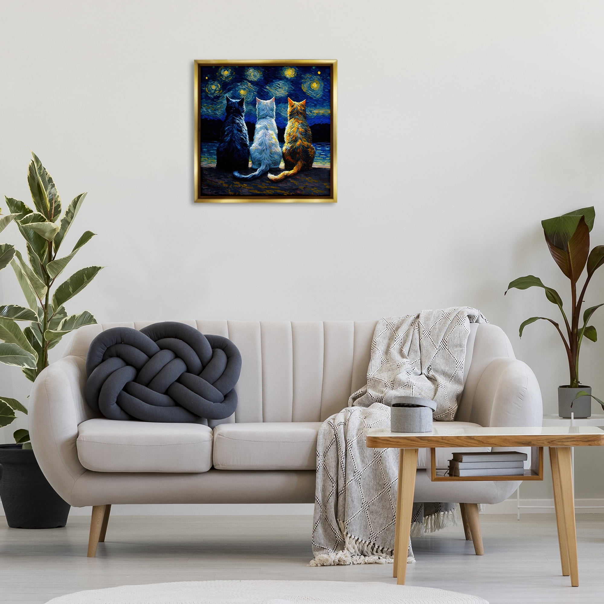 Stupell Industries Van Gogh Style Cats Animals Painting Gold Floater Framed Canvas Art Print Wall Art, 25 x 25