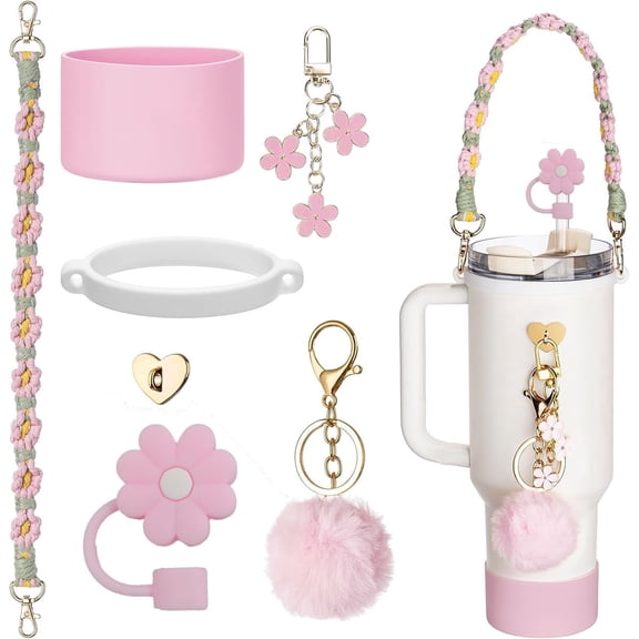 Cup Accessories Set for Insulated Bottles, Daisy Carry Strap Silicone Ring Flower Straw Cap Fuzzy Pom-Pom and Sleeve, Pink Floral Tumbler Decor