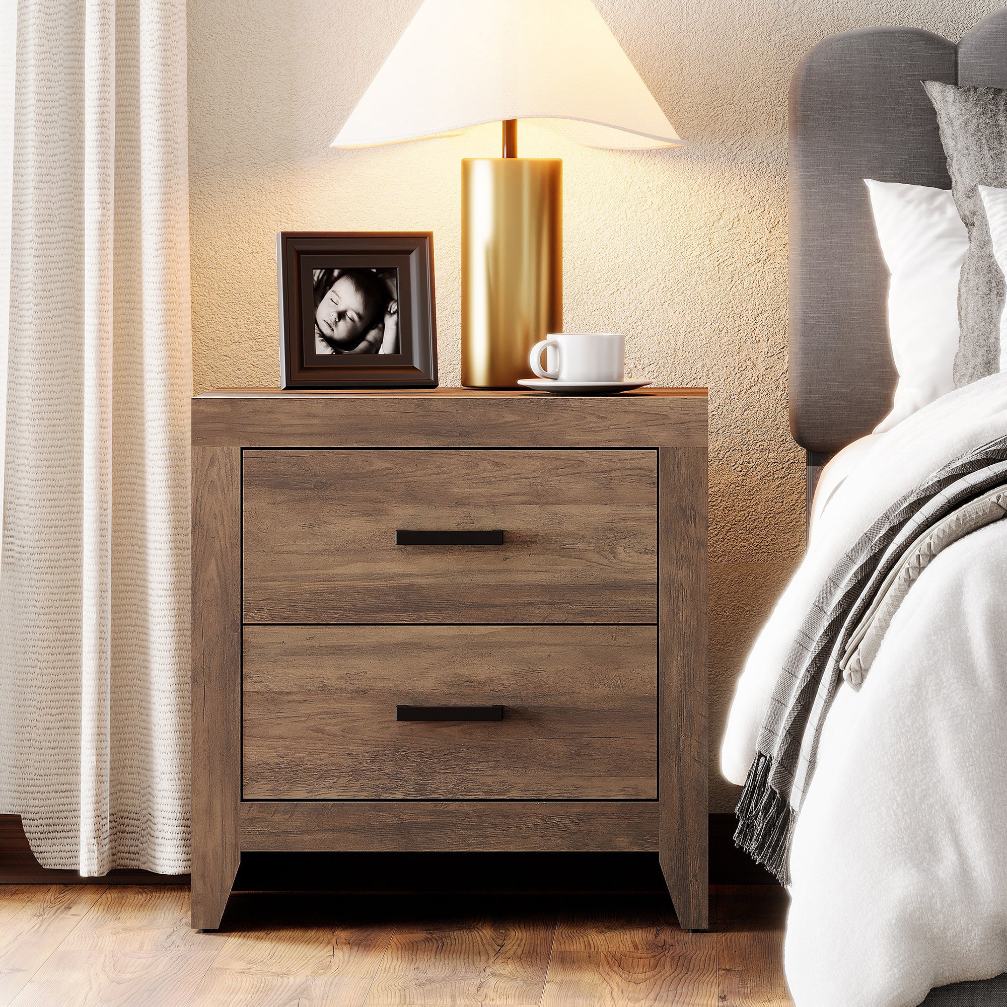 WAMPAT Farmhouse 3-Piece Queen Size Bedroom Set, Wood Bed Frame with Adjustable Upholstered Headboard & Matching Set of 2 Modern Nightstands with 4 Drawers