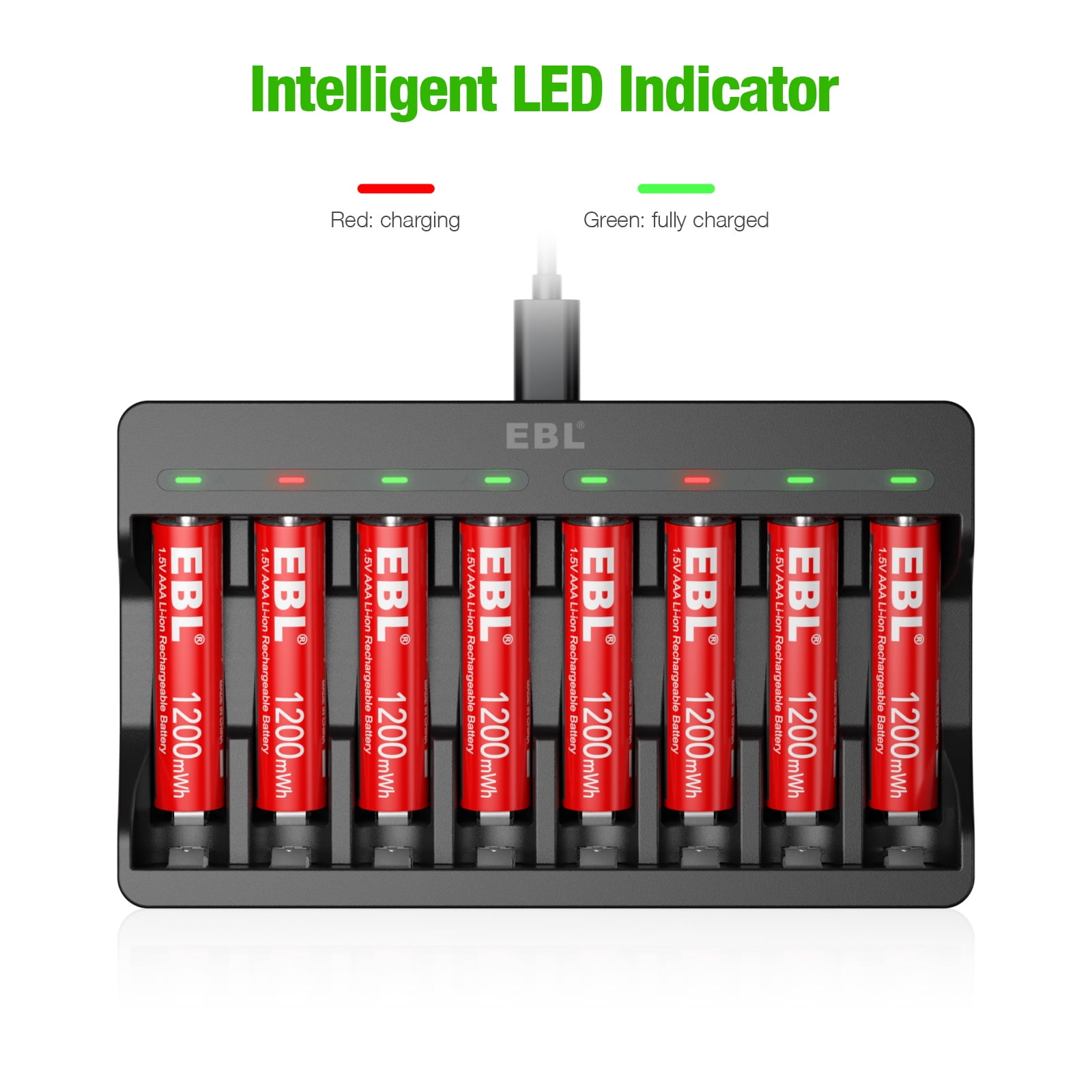 EBL Rechargeable AAA Batteries, 8 Pack with Smart Charger and USB Cable