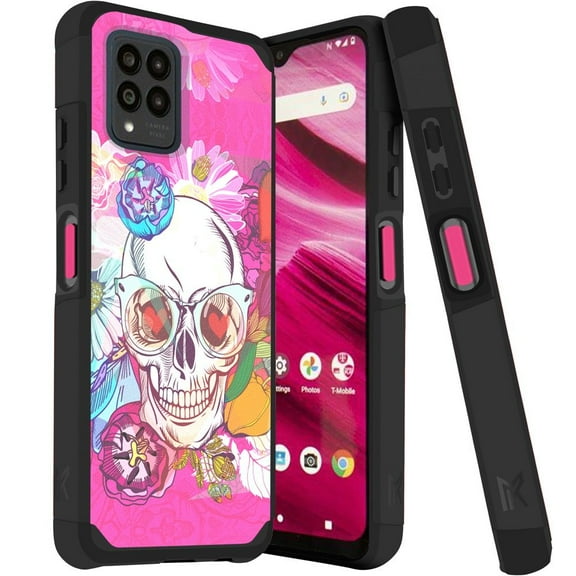 MetKase Hybrid Series Case for T-Mobile REVVL 6 Pro 5G (Magnetic Mount Ready Dual Layer Slim Cover) - Pink Skull Floral