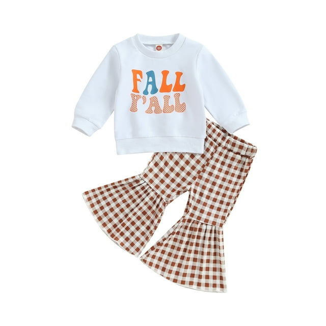 xiaxaixu Tenues d'Automne pour Filles Tout-Petits Imprimé Lettre Col Rond Chandails en Molleton à Manches Longues Pantalons Évasés à Carreaux Ensemble de Vêtements de l\'Action de Grâce 2 Pcs