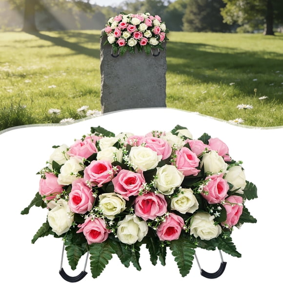 Artificial Cemetery Flower,Artificial Headstone Flower Saddle-Outdoor Grave Saddle Headstone Decorations,Rose Sunflower Cemetery Flowers for Grave,Outdoor Grave Decorations for Cemetery Saddles,Pink