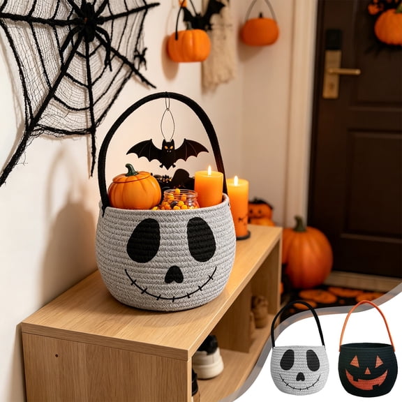 Halloween Treat Bags Trick or Treat Skull Cotton Rope Woven Candy Basket Bucket Handheld Small Gift Goodie 9.8in for Kids Party by MPOISVA
