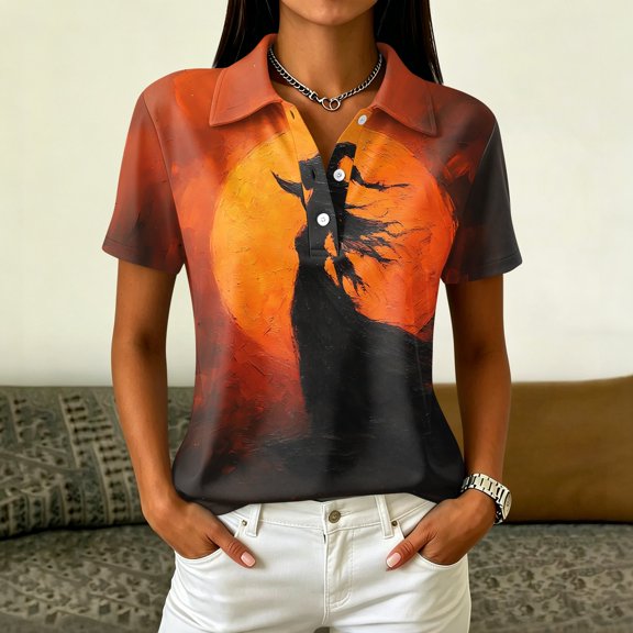 Bexdxz Vintage Halloween Polo Shirts Women Short Sleeve Lapel Collar Casual Autumn Party Tees Orange XL