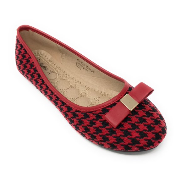 Victoria K Women's Houndstooth Print Gold Emblem Solid Color Bow Ballerina Flats