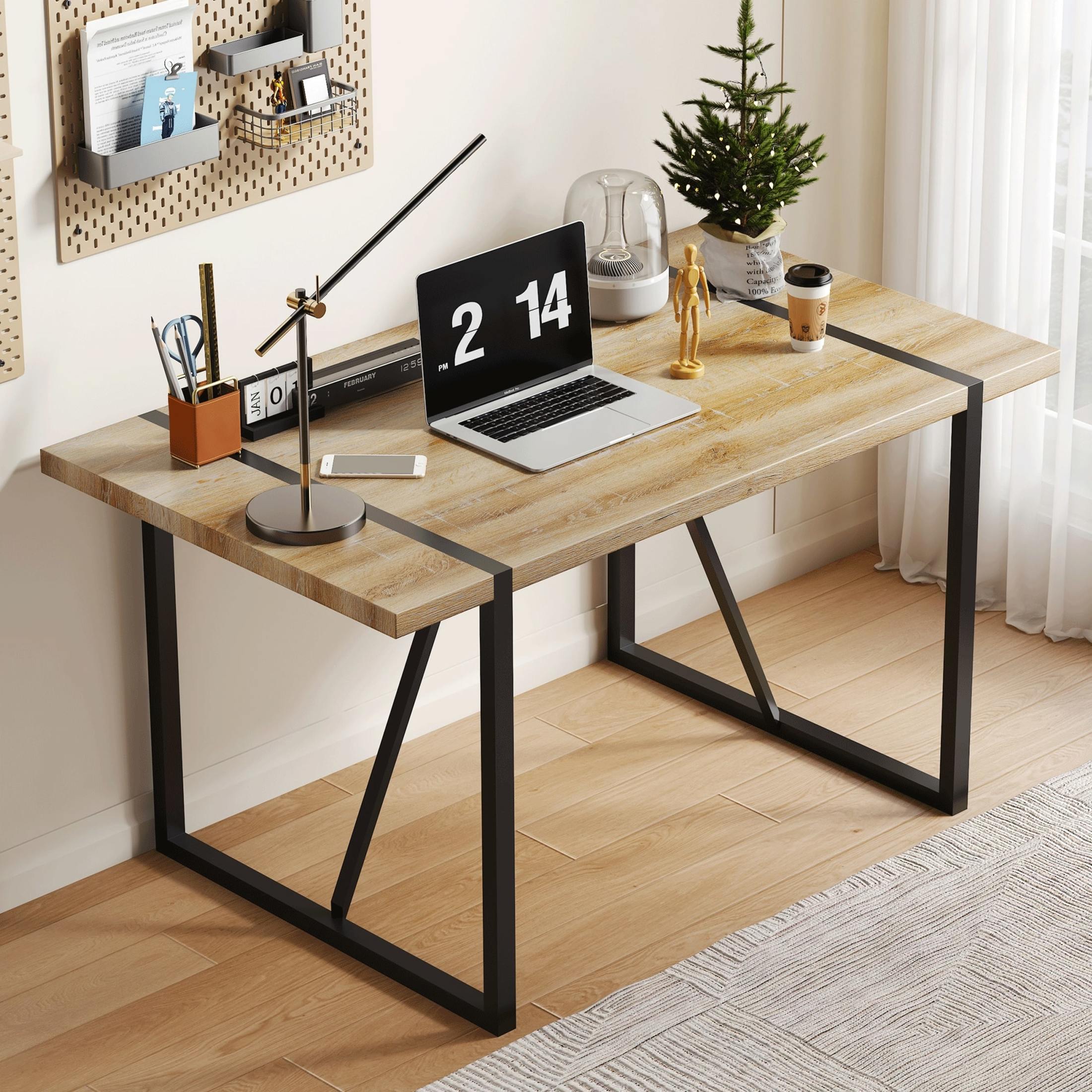Noble House 55.1" Rectangular Dining Table, Thick MDF Wood-Look Tabletop, Black Metal Legs, Rustic Brown