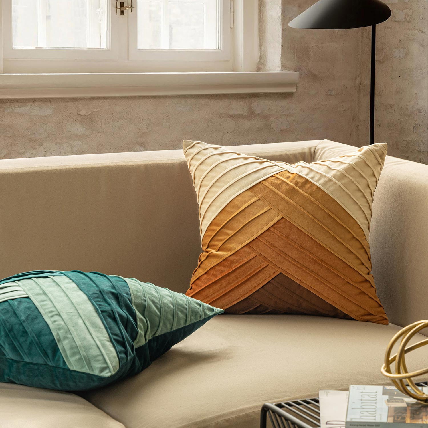 Phantoscope Pleated Velvet Geometric Throw Pillows, Chevron Patchwork Decorative Accent Pillows, Brown and Amber Gold, 18 x 18 in, Set of 2