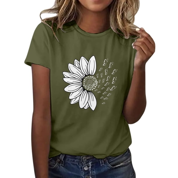 Gibobby Playera de Verano para Mujer Camiseta de verano de girasol para mujer, blusa holgada de talla grande, camisetas casuales gráficas de manga corta(Verdemilitary,CH)