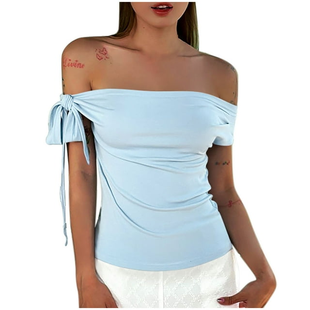 XMMSWDLA Hauts Décontractés pour Femmes Col Rond Manches Courtes T-Shirts Mode Printemps Été 2025 Coupe Ample Chemises Bleues Hauts d'Été pour Femmes 2024