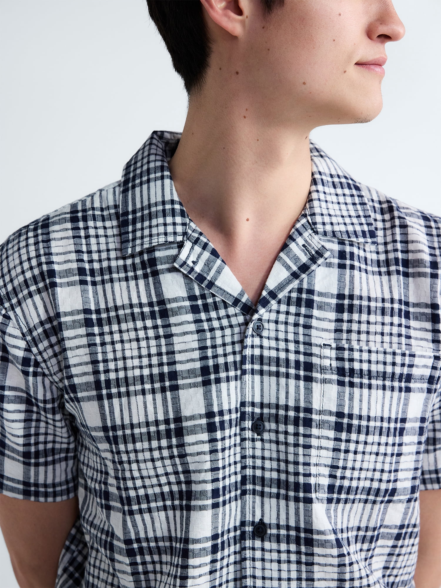 Free Assembly Men's Plaid Cotton Dobby Camp Shirt with Short Sleeves, Sizes XS-3XL