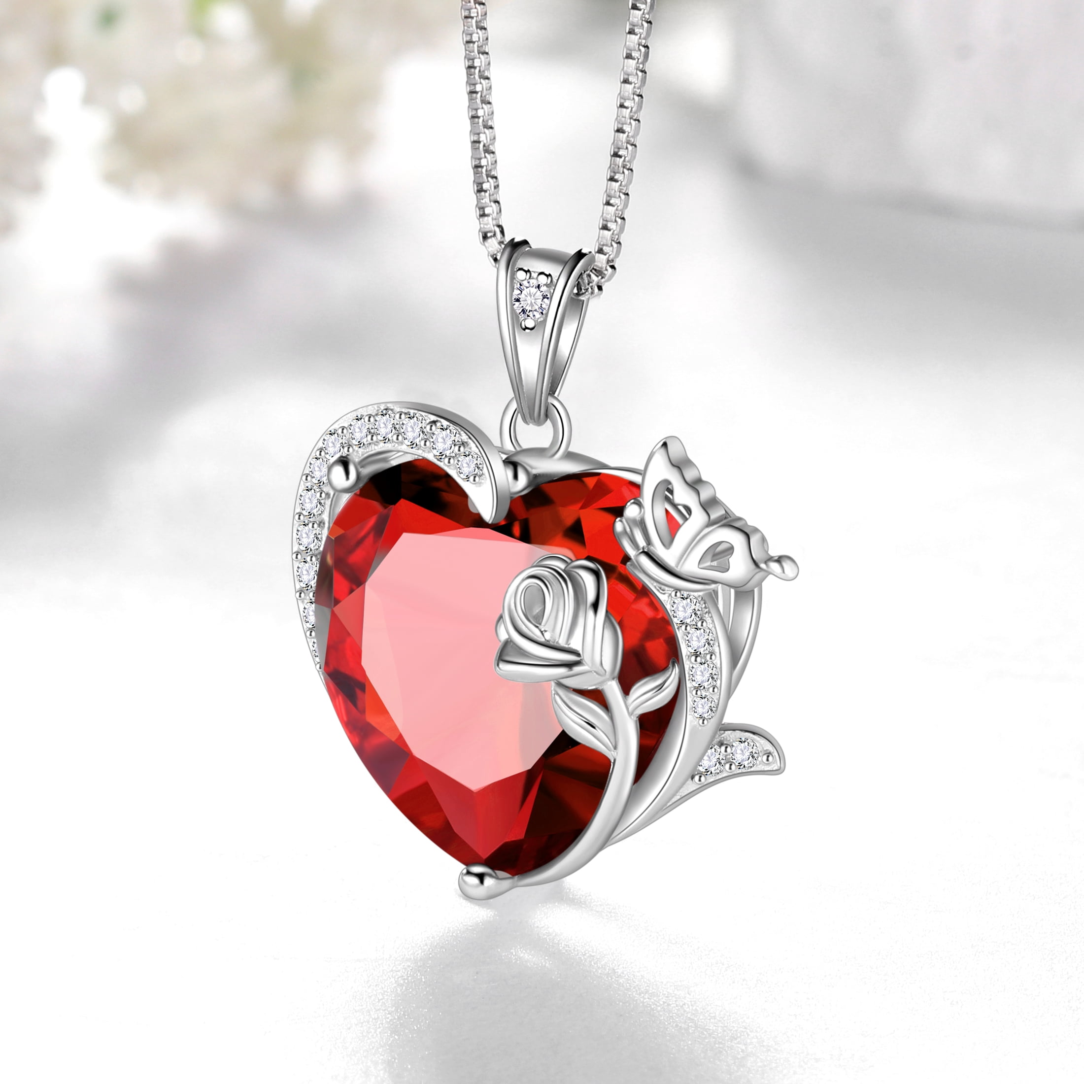 Juwaliy Women Heart Necklace Butterfly Rose Flower Pendant January Birthstone Garnet Red 925 Sterling Silver Jewelry Wife Mother Valentine's Day Gifts