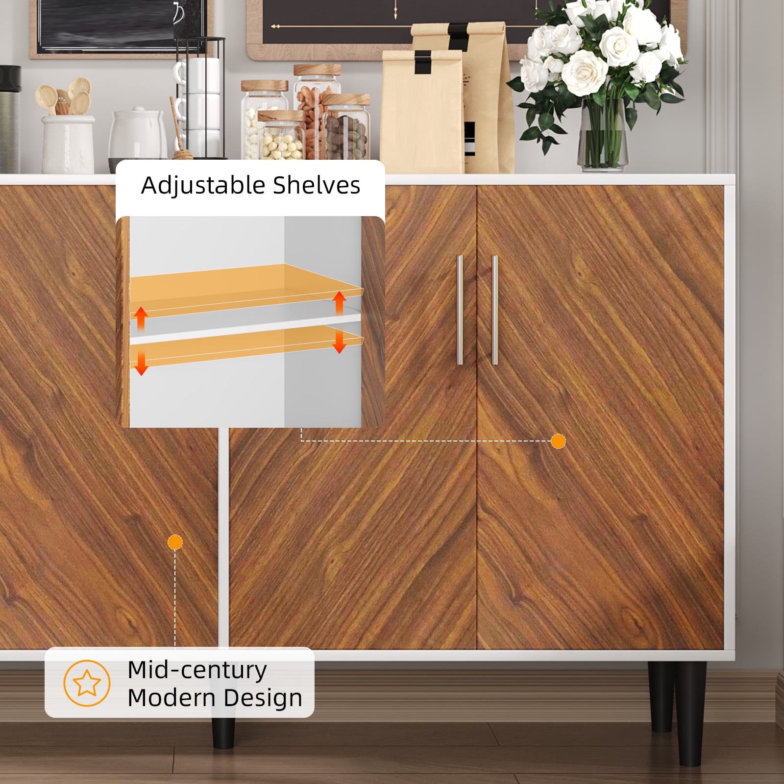 4 EVER WINNER 58" Buffet Cabinet with Storage, Vintage Sideboard with Adjustable Shelves & Metal Handle, Mid Century Modern Coffee Bar for Kitchen, Dining Room, White