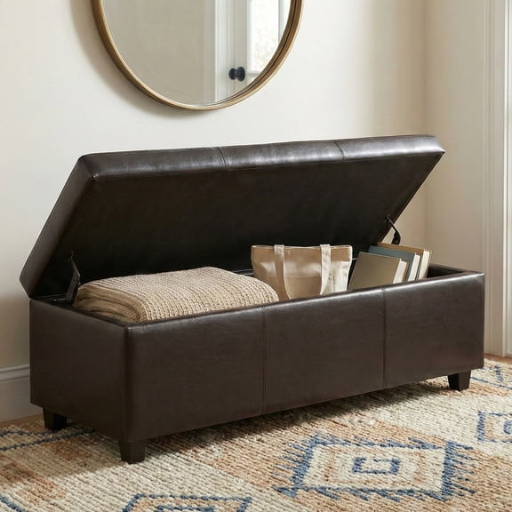 Avalon 48 inch Wide Contemporary Storage Ottoman Bench in Tanners Brown Vegan Leather