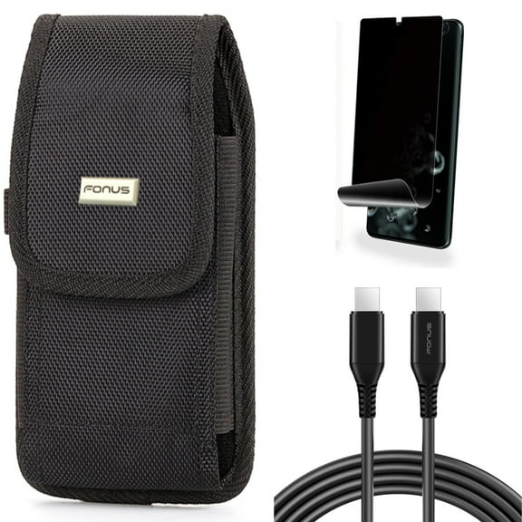 Case Belt Clip w Privacy Screen Protector w 6ft Long USB-C Cable for Samsung Galaxy S20 Ultra - Rugged Holster Canvas, TPU Film [NOT GLASS] [Fingerprint Works], PD Fast Charger fits Galaxy S20 Ultra