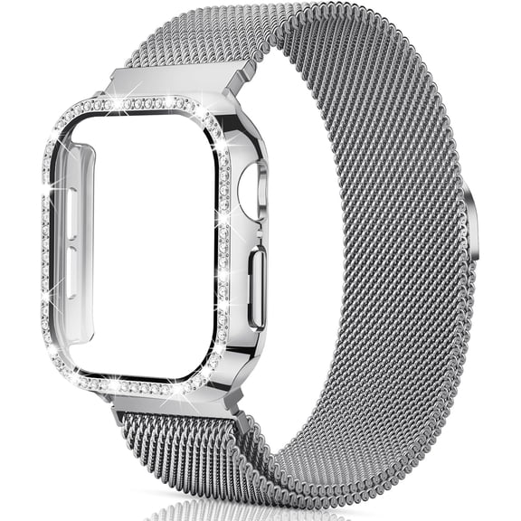 PLUHKN-Mesh Loop with Bling Case Compatible with Apple Watch Band 38mm 40mm 41mm 42mm 44mm 45mm 46mm, Stainless Steel Metal Strap with Cover for iWatch Series 11 10 9 8 7 6 5 4 3 2 1 SE for Women