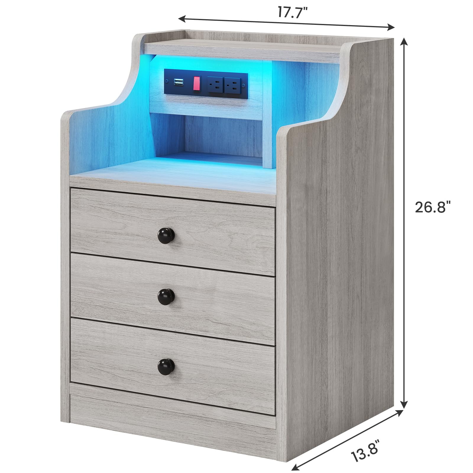 Afuhokles Nightstand Set of 2 with Charging Station and LED Lights, Night Stand with Hutch and Storage Drawers, Gray