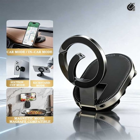 4-in-1 Magnetic Suction Cup Phone Mount, 18-Count Suction Pods, Holder Compatible with MagSafe, 360 Rotating Ring Stand for Car, Gym, Laptop