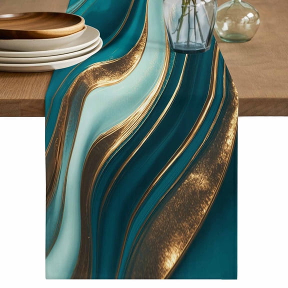 Teal Marble Table Runner, Modern Abstract Gold Fluid Art Washable Cotton Linen Table Runners 36 Inches Long, Dresser Scarf Runner for Nightstand/End Tables/Round Tables 13''x36''