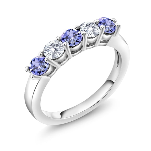 Gem Stone King 925 Sterling Silver Blue Tanzanite and White Moissanite 5-Stone Wedding Anniversary Band Ring for Women (0.86 Cttw, Gemstone December Birthstone, Size 5)