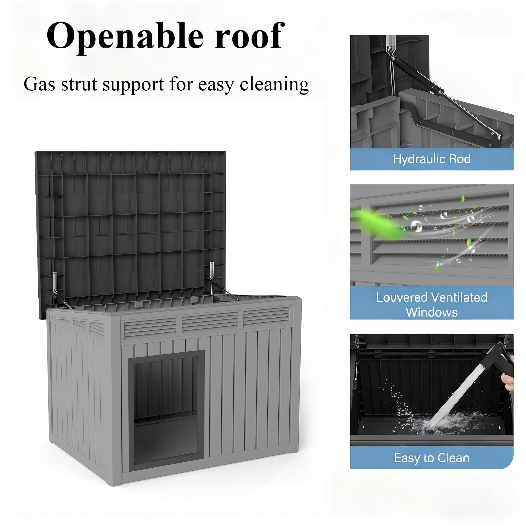Decksplore Large Dog House (42.9"x33"x32"), Waterproof, HDPE Dog Kennel with Lift-Up Sloping Roof for Courtyard, Living Room, Bedroom (Gray)