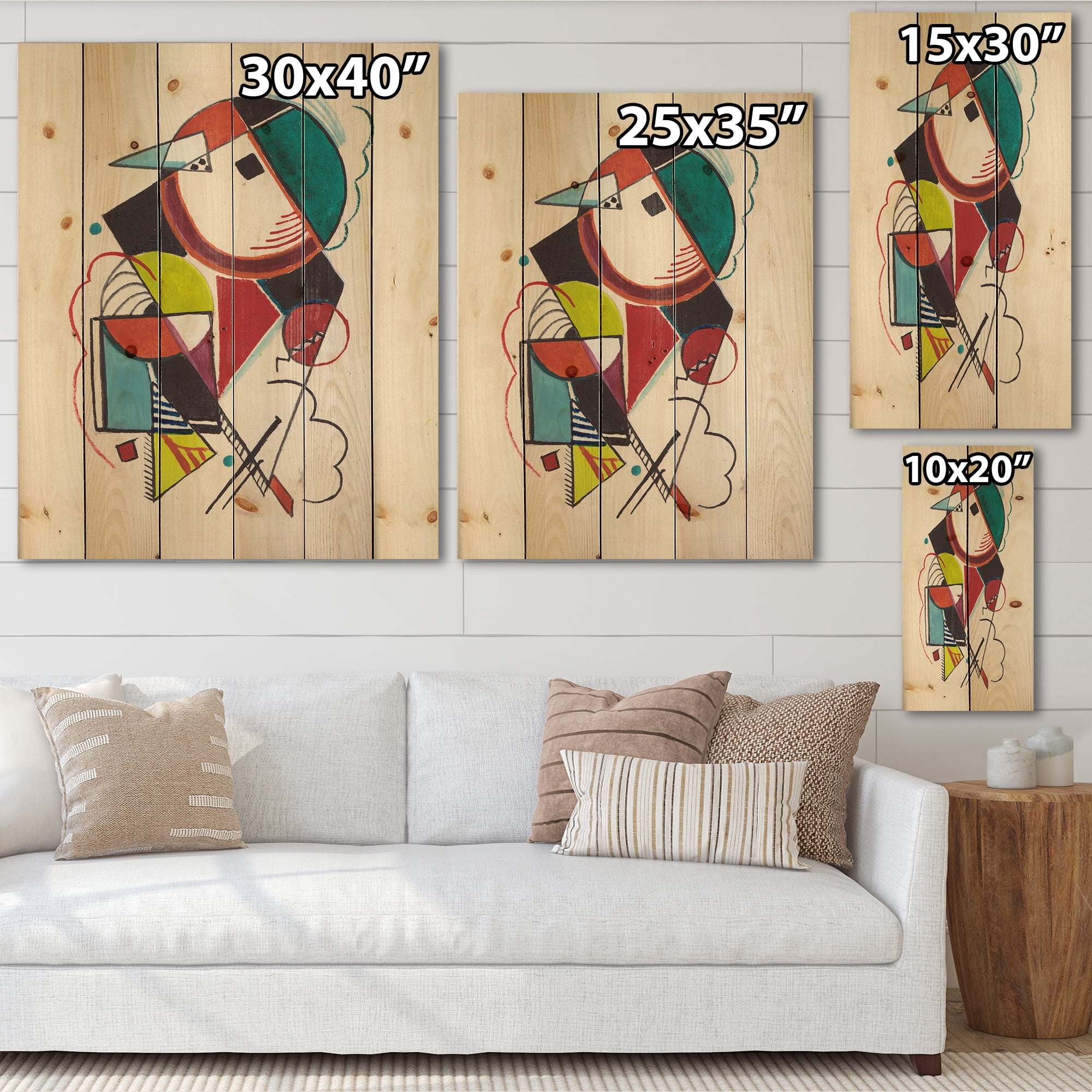 Designart 'Abstract Compositions Of Colored Geometric II' Modern Print on Natural Pine Wood