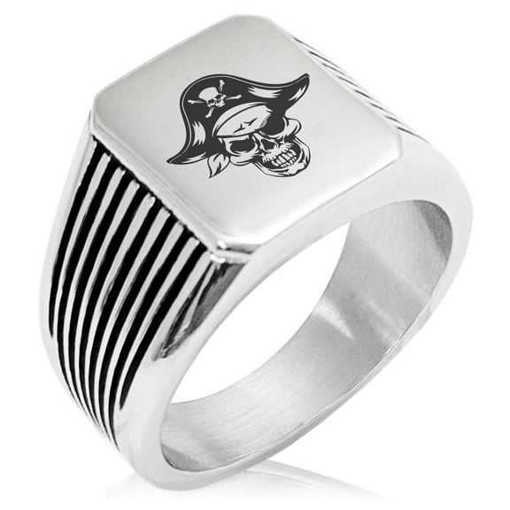 Stainless Steel Pirate Captain Skull Needle Stripe Pattern Biker Style Polished Ring