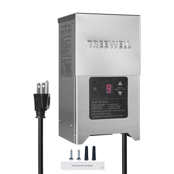 300W Low Voltage Landscape Transformer, Outdoor Landscape Lighting Transformer with Photocell Sensor & Timer, 120V AC to 12V/15V AC, Stainless Steel Weatherproof Transformer, ETL Listed