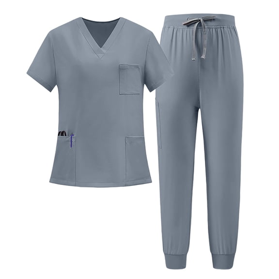 Scrubs for Women Set Stretch V-Neck Top & Jogger Pants with Drawstring Medical Nursing Uniforms Set with Pockets Gray XXL