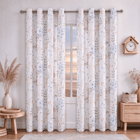 Bohogeo Floral Linen Kitchen Curtain Panel Farmhouse Semi Sheer, Light Filtering Flower Leaves Print Window Treatment Drapes for Living Room/Bedroom Grommets Design 2 Panels, Multi, 56''x84''