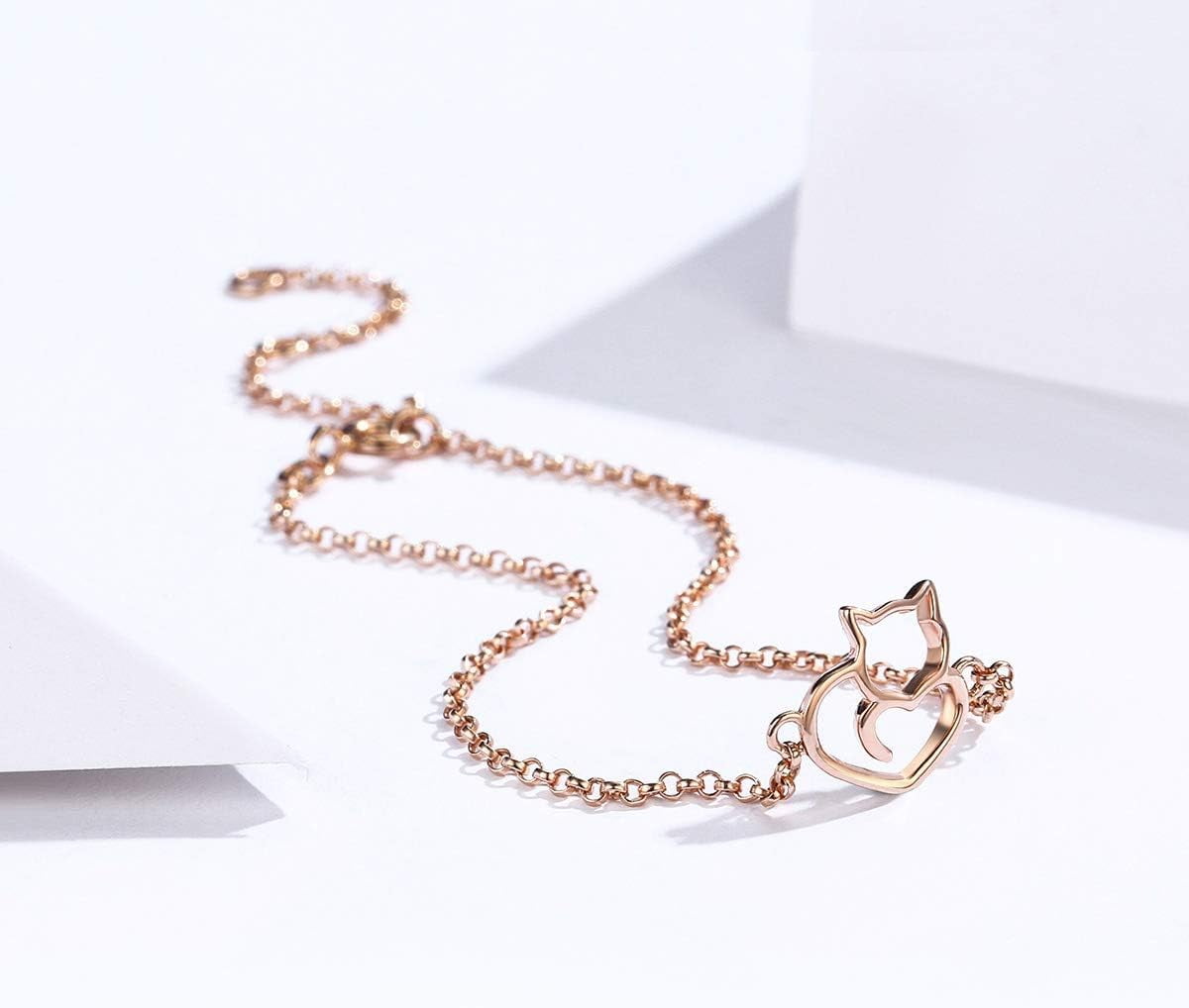 925 Sterling Silver Chain Bracelet with Cat Love Heart Charm Adjustable Plated Gold Bracelets with Chain Length 6.5in-7.9in, Best Jewelry Gift for Girls Women Cat Lovers