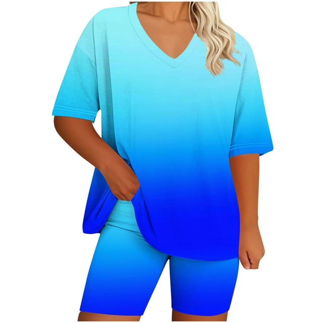 Womens Pajamas Two Piece Plus Size Lounge Sets Gradient Oversized Tshirt Slim Shorts Sleepwear Pjs Weekend Blue, 2XL