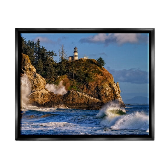 Stupell Rolling Sea Waves Lighthouse Cliff Landscape Photography Black Floater Framed Art Print Wall Art