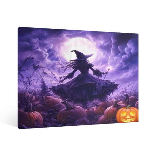 Vintage Halloween Witch Canvas Wall Art Painting, Retro Horror Creepy Dark Poster, Halloween Gothic Artwork Picture Print Decor,Spooky Ghost Wall Decor for Bar Living Room Bedroom Party Framed ﻿