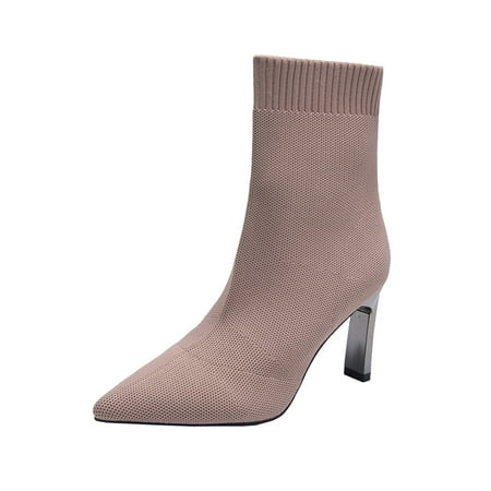 

Fsqjgq Womens Low Heel Boots Leather Women Ankle Boots Autumn and Winter Fashion Pointed Toe Thin Heel Mesh Solid Color Simple Stretch Knit Slip On Monkey Feet Weight Boot A 39