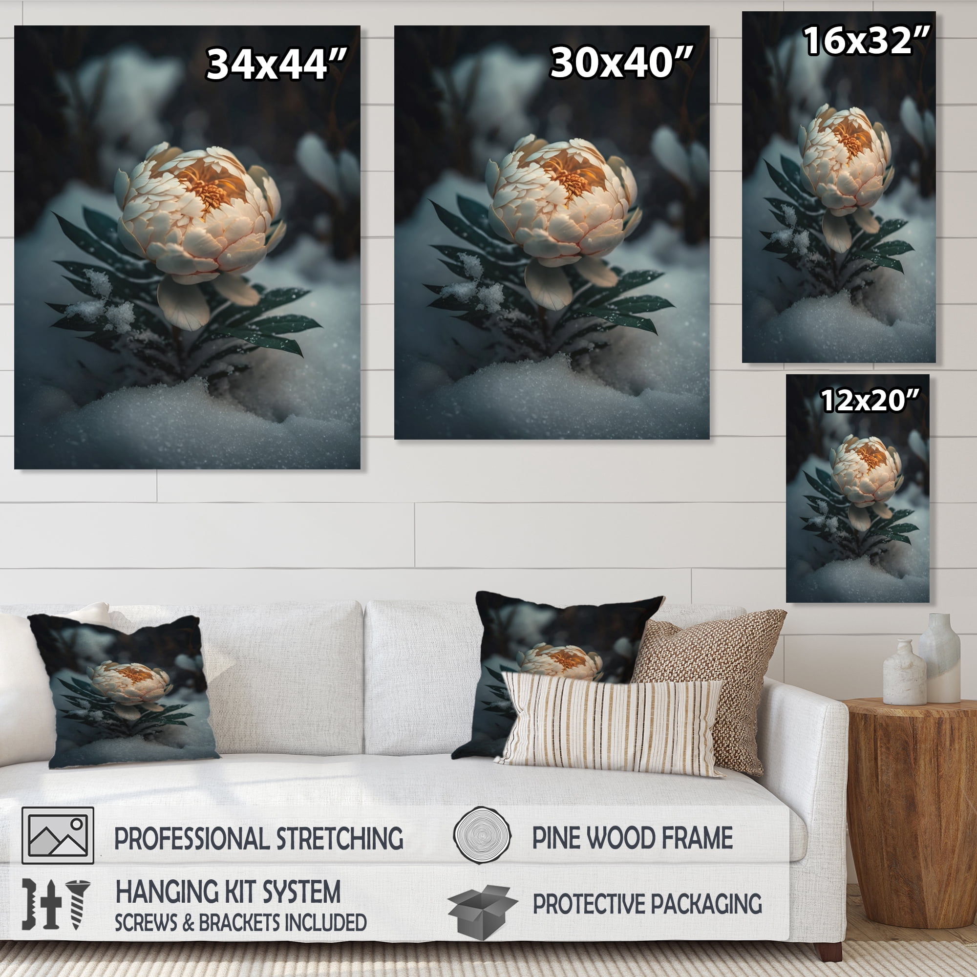 Designart A Blooming White Peony Flower In Winter IV Canvas Wall Art