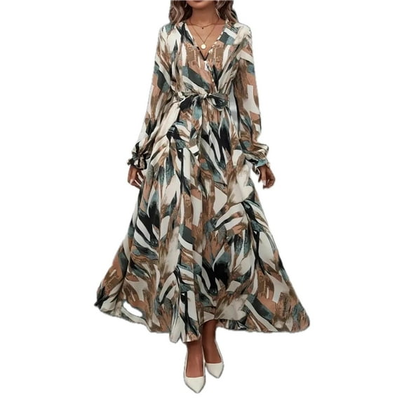 Women's Printed Surplice Flounce Sleeve Maxi Dress Belted for Everyday Elegance 100% Polyester Fabric for All Season