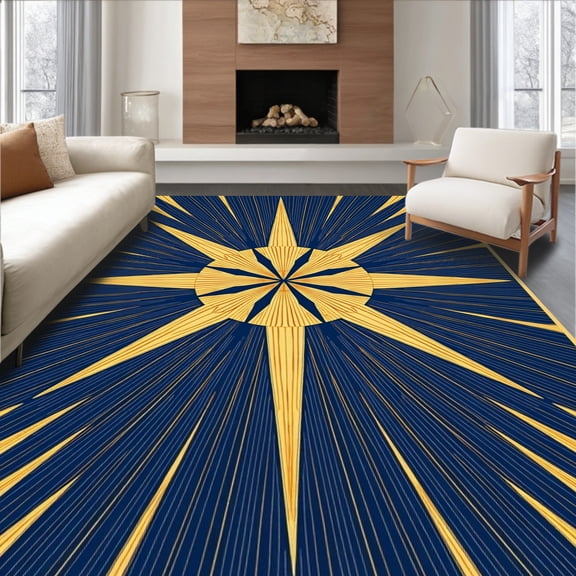 ODIKA 4' x 6' Machine Washable Non-Slip Area Rug, Geometric Sunburst High Traffic Rug, Blue, 461003