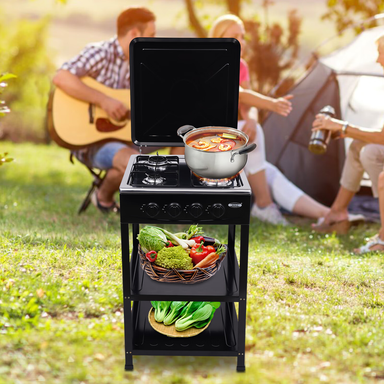 Aiqidi Portable Gas Stove 4 Burner with Support Leg Stand and Wind Blocking Cover Manual Ignition Camping Stove (Black)